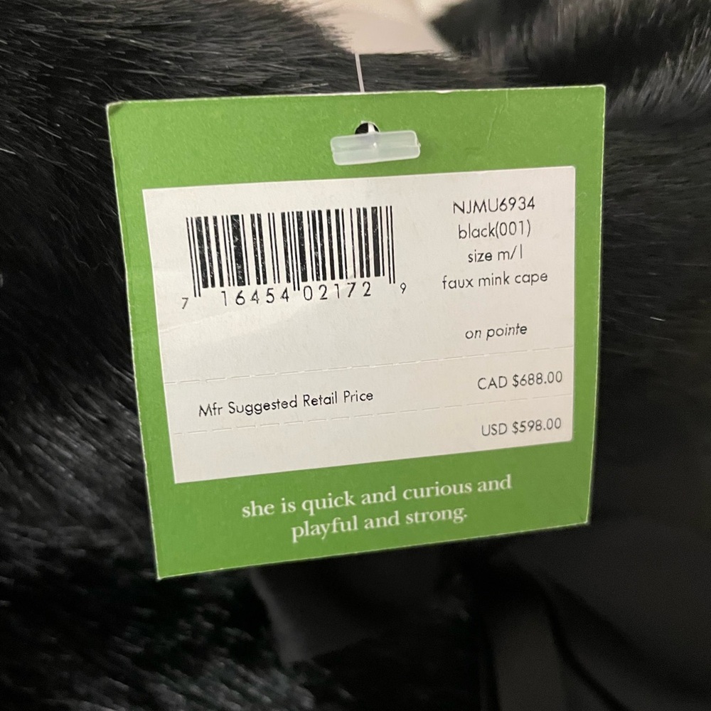 NWT Kate Spade M/L Black Faux Fur Poncho Cape Jacket $598 so Audrey Hepburn - Picture 7 of 11